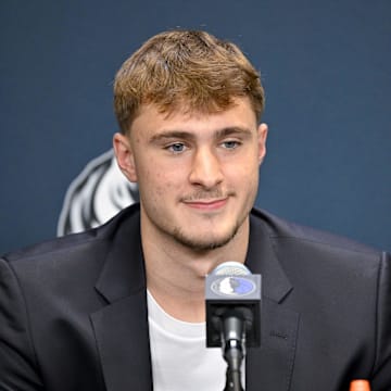 Jun 27, 2025; Dallas, TX, USA; Dallas Mavericks first overall pick Cooper Flagg speaks to the media during a press conference at the Dallas Mavericks Practice Facility. Mandatory Credit: Jerome Miron-Imagn Images