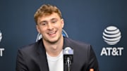 Jun 27, 2025; Dallas, TX, USA; Dallas Mavericks first overall pick Cooper Flagg speaks to the media during a press conference at the Dallas Mavericks Practice Facility. Mandatory Credit: Jerome Miron-Imagn Images