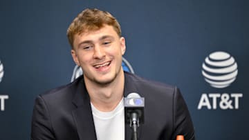 Jun 27, 2025; Dallas, TX, USA; Dallas Mavericks first overall pick Cooper Flagg speaks to the media during a press conference at the Dallas Mavericks Practice Facility. Mandatory Credit: Jerome Miron-Imagn Images
