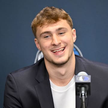 Jun 27, 2025; Dallas, TX, USA; Dallas Mavericks first overall pick Cooper Flagg speaks to the media during a press conference at the Dallas Mavericks Practice Facility. Mandatory Credit: Jerome Miron-Imagn Images