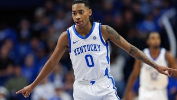 Feb 13, 2024; Lexington, Kentucky, USA; Kentucky Wildcats guard Rob Dillingham (0) runs down the court after scoring a basket during the second half against the Ole Miss Rebels at Rupp Arena at Central Bank Center. Mandatory Credit: Jordan Prather-USA TODAY Sports