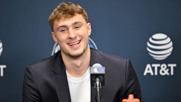 Dallas Mavericks first overall pick Cooper Flagg speaks to the media during a press conference at the Dallas Mavericks Practice Facility.