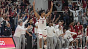 Mar 1, 2025; Stanford, California, USA;  Stanford Cardinal guard Ryan Agarwal (11) reacts with the crowd during the second half against the Southern Methodist Mustangs at Maples Pavilion. Mandatory Credit: Stan Szeto-Imagn Images