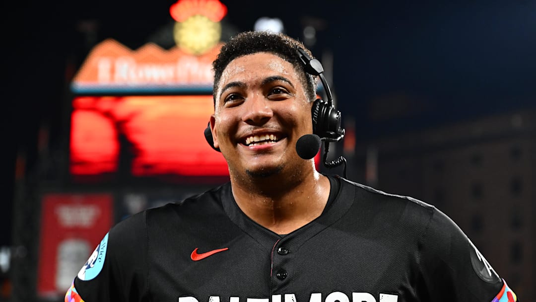 Sep 5, 2025; Baltimore, Maryland, USA;  Baltimore Orioles catcher Samuel Basallo (29) is interviewed after hitting a walk off home run during the ninth inning against the Los Angeles Dodgers at Oriole Park at Camden Yards. Mandatory Credit: James A. Pittman-Imagn Images