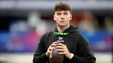 Mar 1, 2025; Indianapolis, IN, USA; Florida quarterback Graham Mertz (QB10) during the 2025 NFL Combine at Lucas Oil Stadium. Mandatory Credit: Kirby Lee-Imagn Images
