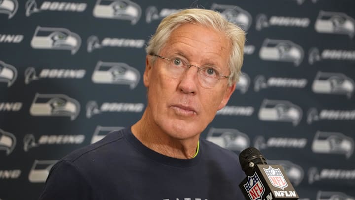 Nov 19, 2023; Inglewood, California, USA; Seattle Seahawks head coach Pete Carroll speaks in a press conference after the game against the Los Angeles Rams at SoFi Stadium. Mandatory Credit: Kirby Lee-Imagn Images Nov 19, 2023; Inglewood, California, USA; Seattle Seahawks head coach Pete Carroll speaks in a press conference after the game against the Los Angeles Rams at SoFi Stadium. Mandatory Credit: Kirby Lee-Imagn Images