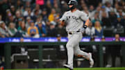 May 12, 2025; Seattle, Washington, USA; New York Yankees first baseman Paul Goldschmidt (48) scores a run against the Seattle Mariners during the seventh inning at T-Mobile Park.