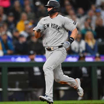 May 12, 2025; Seattle, Washington, USA; New York Yankees first baseman Paul Goldschmidt (48) scores a run against the Seattle Mariners during the seventh inning at T-Mobile Park.