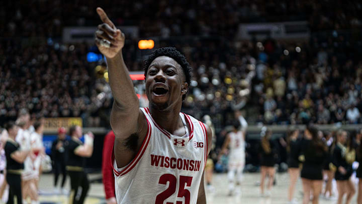 Mar 7, 2026; West Lafayette, Indiana, USA; Wisconsin Badgers guard John Blackwell (25) points and laughs at fans after beating the Purdue Boilermakers at Mackey Arena. Mandatory Credit: Jacob Musselman-Imagn Images