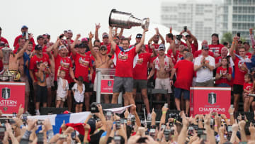 Jun 30, 2024; Fort Lauderdale, Florida, USA; Florida Panthers center Aleksander Barkov (16) raises the cup during the Stanley Cup victory parade and celebration. Mandatory Credit: Jim Rassol-USA TODAY Sports