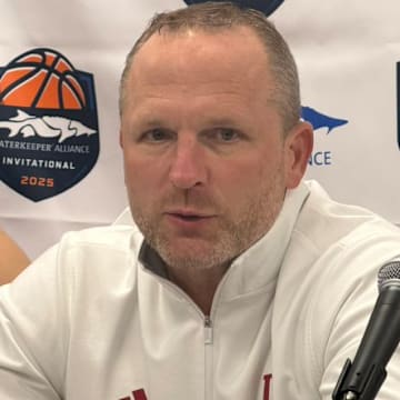 Indiana basketball coach Darian DeVries meets with reporters Nov. 9, 2025, after beating Marquette 100-77 in Chicago.