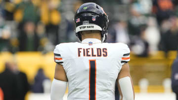 Jan 7, 2024; Green Bay, Wisconsin, USA;  Chicago Bears quarterback Justin Fields (1) during warmups prior to the game against the Green Bay Packers at Lambeau Field. Mandatory Credit: Jeff Hanisch-USA TODAY Sports