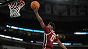Mar 21, 2025; Raleigh, NC, USA;  Oklahoma Sooners guard Jeremiah Fears (0) drives to the basket during the first half against the Oklahoma Sooners at Lenovo Center. Mandatory Credit: Bob Donnan-Imagn Images