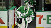 Apr 11, 2024; Dallas, Texas, USA; Dallas Stars goaltender Scott Wedgewood (41) skate in warms up prior to a game against against the Winnipeg Jets at the American Airlines Center. Mandatory Credit: Jerome Miron-Imagn Images