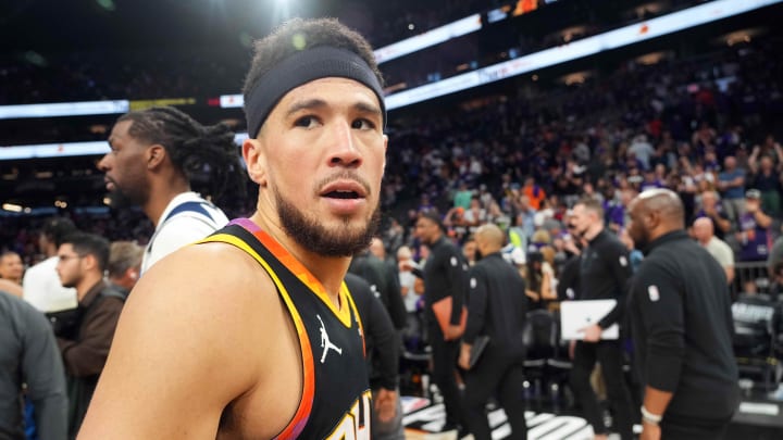 Apr 28, 2024; Phoenix, Arizona, USA; Phoenix Suns guard Devin Booker (1) leaves the court after game four of the first round for the 2024 NBA playoffs against the Minnesota Timberwolves at Footprint Center. Mandatory Credit: Joe Camporeale-USA TODAY Sports