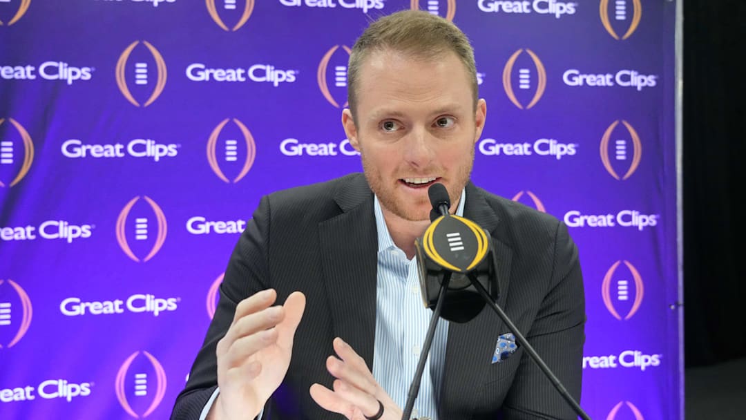 Jan 6, 2024; Houston, TX, USA; ESPN analyst Greg McElroy talks to the media during media day before the College Football Playoff national championship game against the Michigan Wolverines at George R Brown Convention Center. Mandatory Credit: Kirby Lee-Imagn Images
