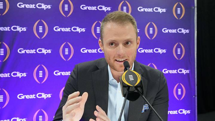 Jan 6, 2024; Houston, TX, USA; ESPN analyst Greg McElroy talks to the media during media day before the College Football Playoff national championship game against the Michigan Wolverines at George R Brown Convention Center. Mandatory Credit: Kirby Lee-Imagn Images