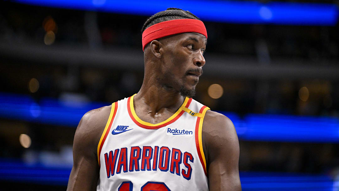 Feb 12, 2025; Dallas, Texas, USA; Golden State Warriors forward Jimmy Butler (10) in action during the game between the Dallas Mavericks and the Golden State Warriors at the American Airlines Center. Mandatory Credit: Jerome Miron-Imagn Images