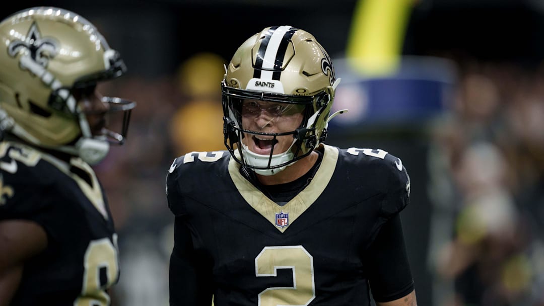 Saints QB Spencer Rattler celebrates TD to Juwan Johnson