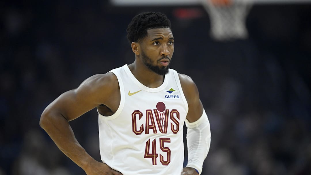 Nov 13, 2025; Cleveland, Ohio, USA; Cleveland Cavaliers guard Donovan Mitchell (45) stands on the court in the first quarter against the Toronto Raptors at Rocket Arena. Mandatory Credit: David Richard-Imagn Images