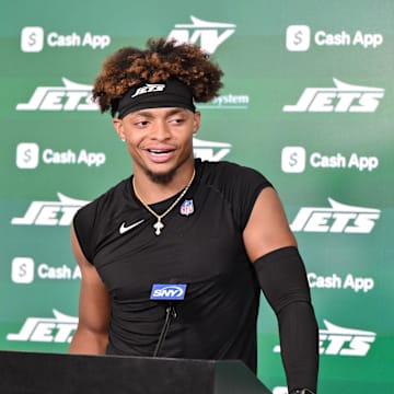Jun 11, 2025; Florham Park, NY, USA; New York Jets quarterback Justin Fields (7) speaks at a press conference during minicamp at Atlantic Health Jets Training Center. Mandatory Credit: John Jones-Imagn Images