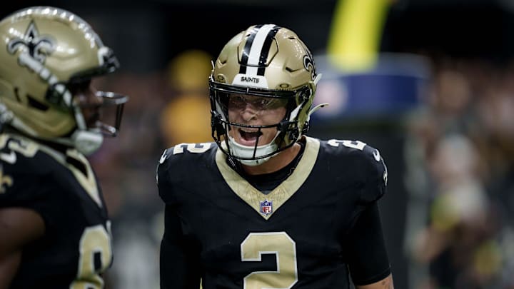 Saints QB Spencer Rattler celebrates TD to Juwan Johnson
