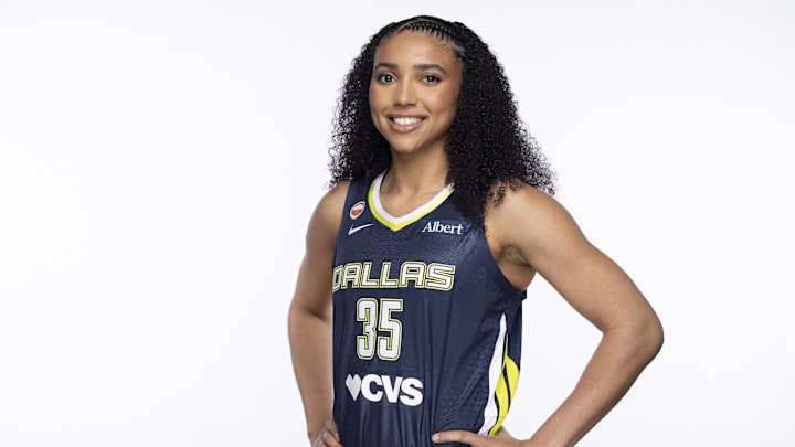 Apr 27, 2026; Arlington, TX, USA;  Dallas Wings guard Azzi Fudd (35) poses for a photo during the 2026 Dallas Wings media day at College Park Center. Mandatory Credit: Jerome Miron-Imagn Images