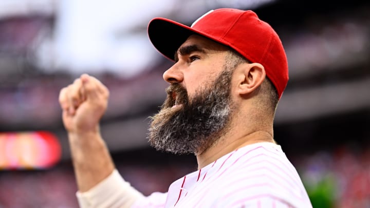 Mar 30, 2024; Philadelphia, Pennsylvania, USA; Former Philadelphia Eagle Jason Kelce reacts before the game between the Philadelphia Phillies and Atlanta Braves at Citizens Bank Park. Mandatory Credit: Kyle Ross-USA TODAY Sports