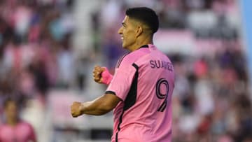 Aug 24, 2024; Fort Lauderdale, Florida, USA; Inter Miami forward Luis Suarez (9) celebrates a goal in the first half against the FC Cincinnati at Chase Stadium. Mandatory Credit: Sam Navarro-USA TODAY Sports
