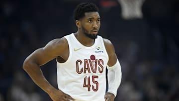 Nov 13, 2025; Cleveland, Ohio, USA; Cleveland Cavaliers guard Donovan Mitchell (45) stands on the court in the first quarter against the Toronto Raptors at Rocket Arena. Mandatory Credit: David Richard-Imagn Images