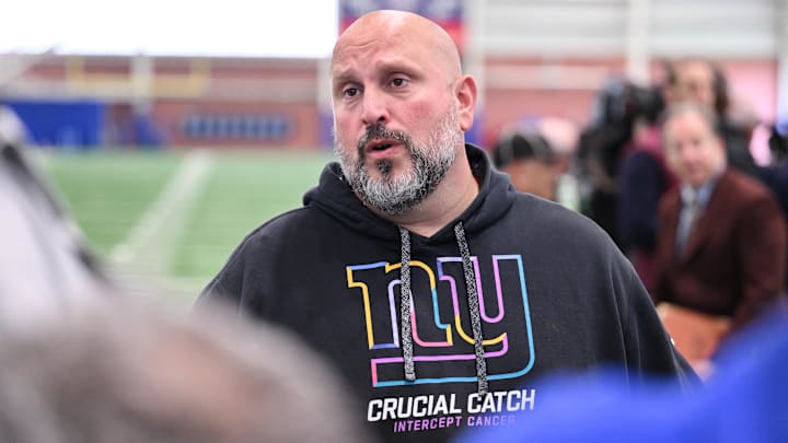 Jun 17, 2025; East Rutherford, NJ, USA; New York Giants offensive line coach Carmen Bricillo speaks at a press conference during minicamp at Quest Diagnostics Training Center. Mandatory Credit: John Jones-Imagn Images