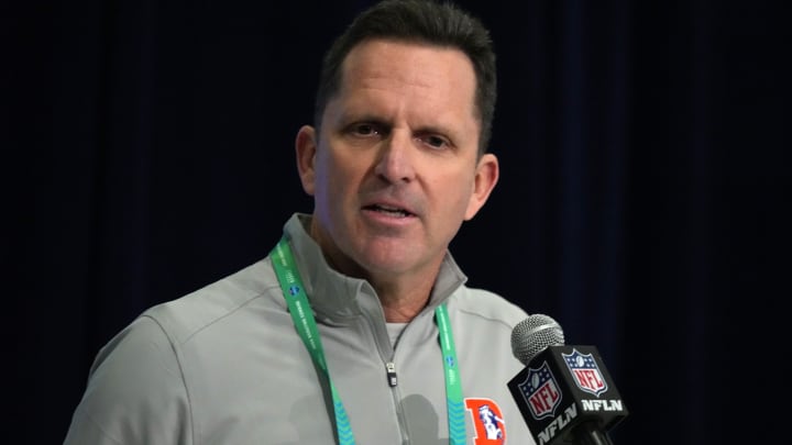 Feb 27, 2024; Indianapolis, IN, USA; Denver Broncos general manager George Paton speaks during a press conference at the NFL Scouting Combine at Indiana Convention Center. 