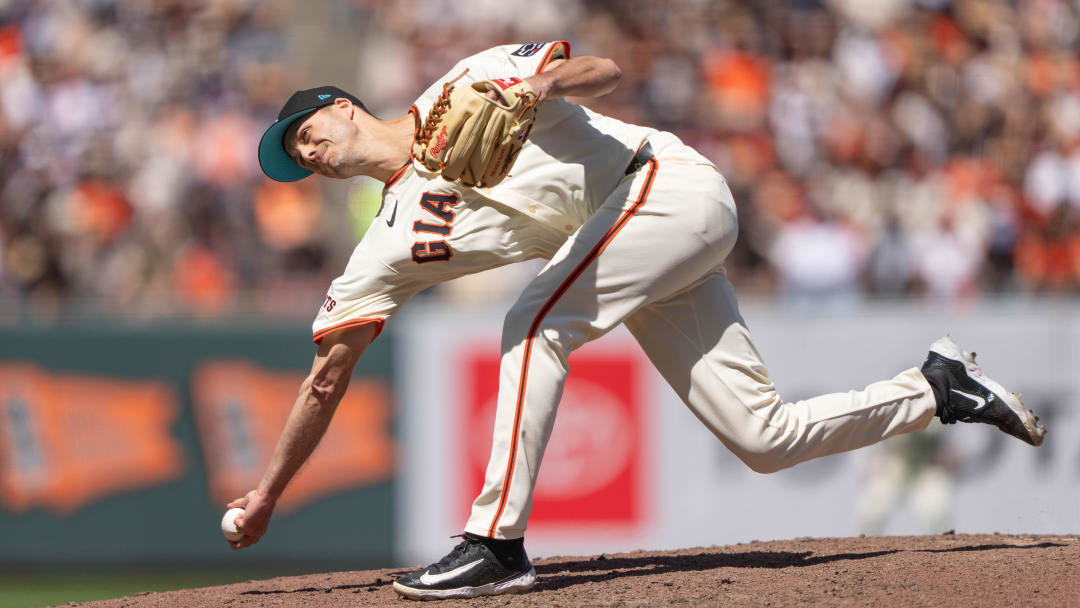 Jun 16, 2024; San Francisco, California, USA; San Francisco Giants relief pitcher Tyler Rogers (71) pitches during the eighth inning against the Los Angeles Angels at Oracle Park.