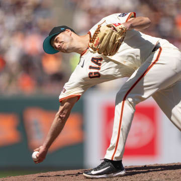 Jun 16, 2024; San Francisco, California, USA; San Francisco Giants relief pitcher Tyler Rogers (71) pitches during the eighth inning against the Los Angeles Angels at Oracle Park.