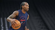 Apr 11, 2025; Sacramento, California, USA; Los Angeles Clippers forward Kawhi Leonard (2) warms up before the game against the Sacramento Kings at Golden 1 Center. Mandatory Credit: Darren Yamashita-Imagn Images