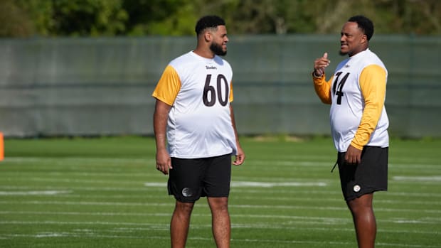 Sep 26, 2025; Maynooth, Ireland; Pittsburgh Steelers offensive tackle Dylan Cook (60) and guard Spencer Anderson (74) during 