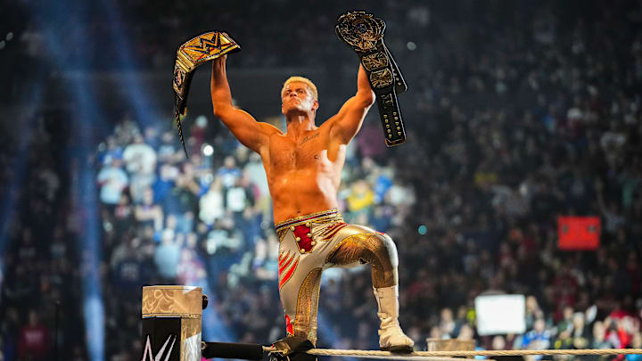 Cody Rhodes wins during the WWE Royal Rumble at Lucas Oil Stadium in Indianapolis.