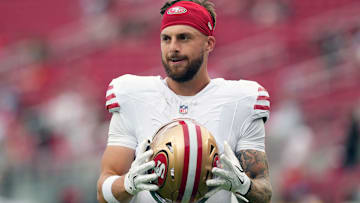 Sep 28, 2025; Santa Clara, California, USA; San Francisco 49ers wide receiver Ricky Pearsall (1) before the game against the Jacksonville Jaguars at Levi's Stadium. Mandatory Credit: Darren Yamashita-Imagn Images