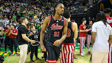 Indiana Hoosiers forward Mackenzie Mgbako (21) is introduced before the game against the Oregon Ducks at Matthew Knight Arena.