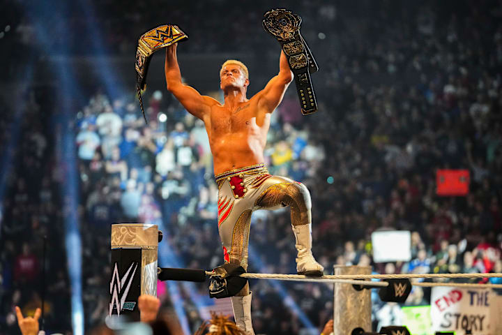 Cody Rhodes celebrates after the WWE Royal Rumble at Lucas Oil Stadium in Indianapolis.