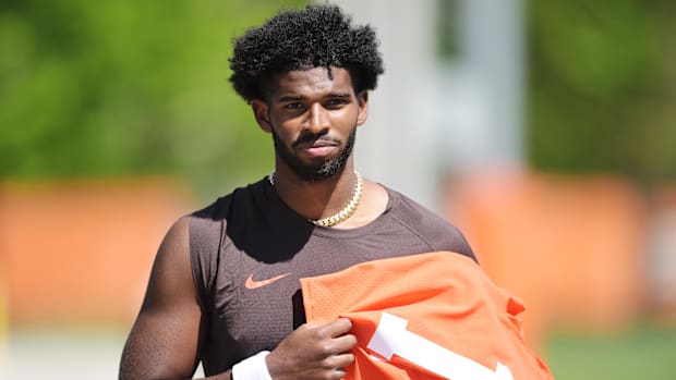 May 9, 2025; Berea, OH, USA; Cleveland Browns quarterback Shedeur Sanders (12) walks off the field after rookie minicamp at C