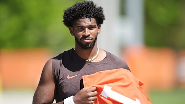 May 9, 2025; Berea, OH, USA; Cleveland Browns quarterback Shedeur Sanders (12) walks off the field after rookie minicamp at C