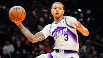 Oct 31, 2025; Phoenix, Arizona, USA; Utah Jazz guard Keyonte George (3) keeps the ball in bounds in the first half between the Phoenix Suns and the Utah Jazz at Mortgage Matchup Center. Mandatory Credit: Arianna Grainey-Imagn Images