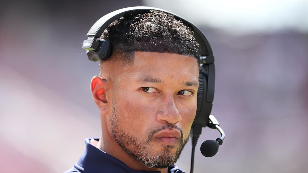 Sep 27, 2025; Fayetteville, Arkansas, USA; Notre Dame Fighting Irish head coach Marcus Freeman during the fourth quarter against the Arkansas Razorbacks at Donald W. Reynolds Razorback Stadium. Notre Dame won 56-13. 