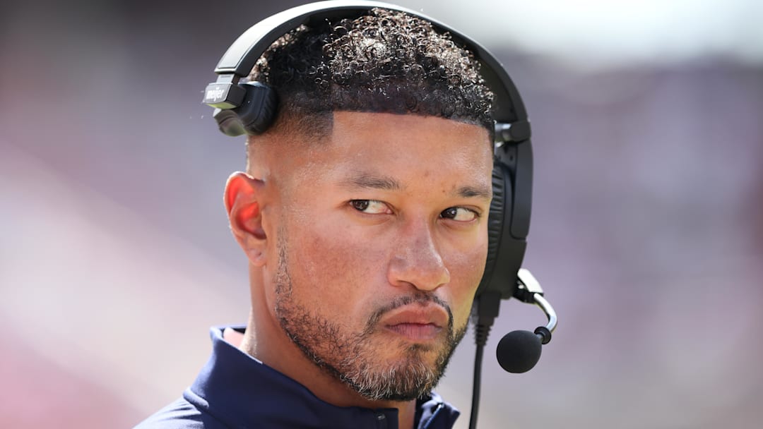 Sep 27, 2025; Fayetteville, Arkansas, USA; Notre Dame Fighting Irish head coach Marcus Freeman during the fourth quarter against the Arkansas Razorbacks at Donald W. Reynolds Razorback Stadium. Notre Dame won 56-13. Mandatory Credit: Nelson Chenault-Imagn Images