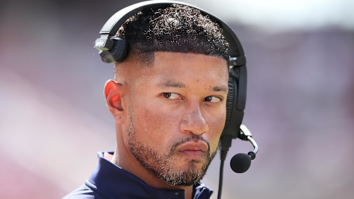 Sep 27, 2025; Fayetteville, Arkansas, USA; Notre Dame Fighting Irish head coach Marcus Freeman during the fourth quarter against the Arkansas Razorbacks at Donald W. Reynolds Razorback Stadium. Notre Dame won 56-13. Mandatory Credit: Nelson Chenault-Imagn Images