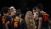 Mar 8, 2025; Kansas City, MO, USA; Oklahoma State Cowgirls head coach Jacie Hoyt talks to players during a timeout in overtime against the Baylor Lady Bears at T-Mobile Center. Mandatory Credit: Amy Kontras-Imagn Images