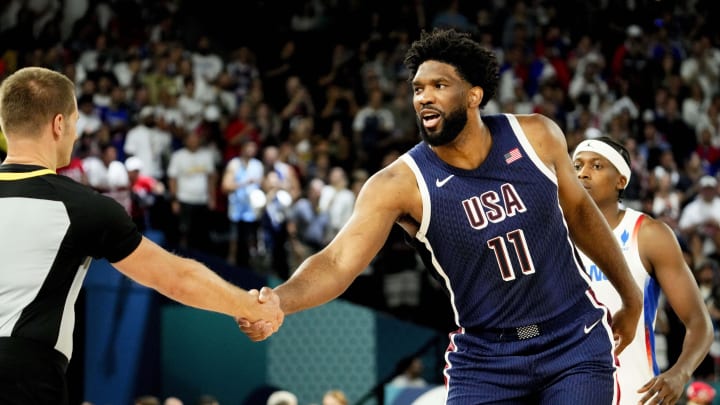 Aug 10, 2024; Paris, France; United States centre Joel Embiid (11) in the men's basketball gold medal game during the Paris 2024 Olympic Summer Games at Accor Arena. Mandatory Credit: Rob Schumacher-USA TODAY Sports