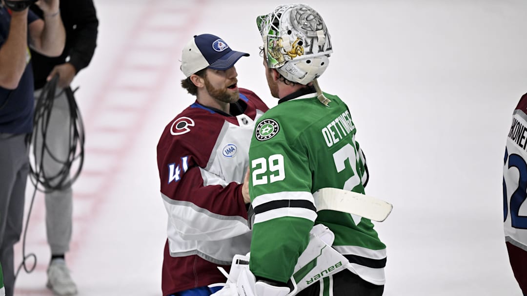 May 3, 2025; Dallas, Texas, USA; Colorado Avalanche goaltender Scott Wedgewood (41) shakes hands with Dallas Stars goaltender Jake Oettinger (29) after the Stars defeats the Avalanche in game seven of the first round of the 2025 Stanley Cup Playoffs at American Airlines Center. Mandatory Credit: Jerome Miron-Imagn Images