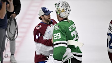 May 3, 2025; Dallas, Texas, USA; Colorado Avalanche goaltender Scott Wedgewood (41) shakes hands with Dallas Stars goaltender Jake Oettinger (29) after the Stars defeats the Avalanche in game seven of the first round of the 2025 Stanley Cup Playoffs at American Airlines Center. Mandatory Credit: Jerome Miron-Imagn Images